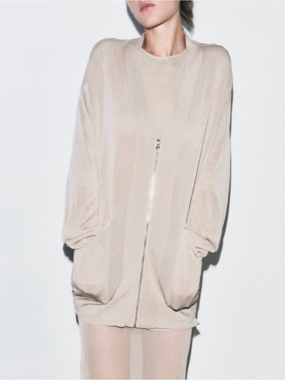 ZARA Sheer Bomber Cardigan Zip-Front Longline Beige Small y2K